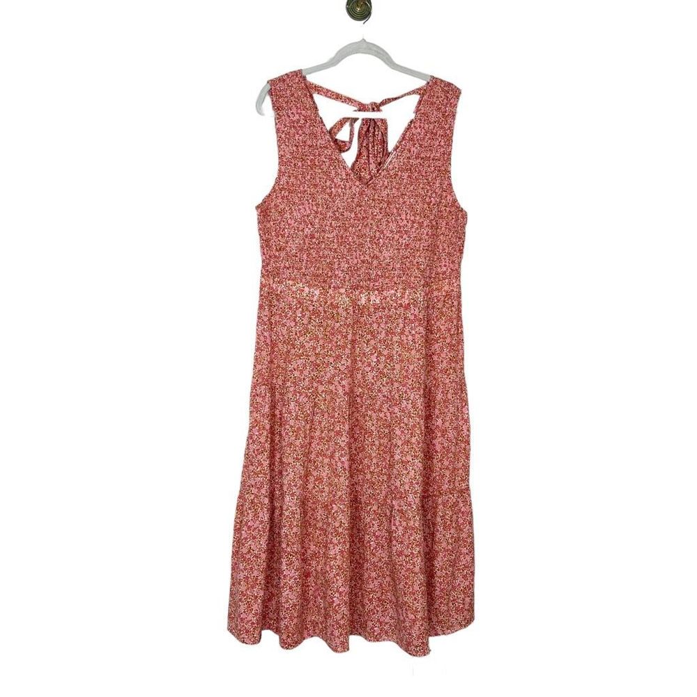 Wonderly Maxi Dress Women's XL Pink Red Cotton Floral Midi Smocked Tie Back Boho